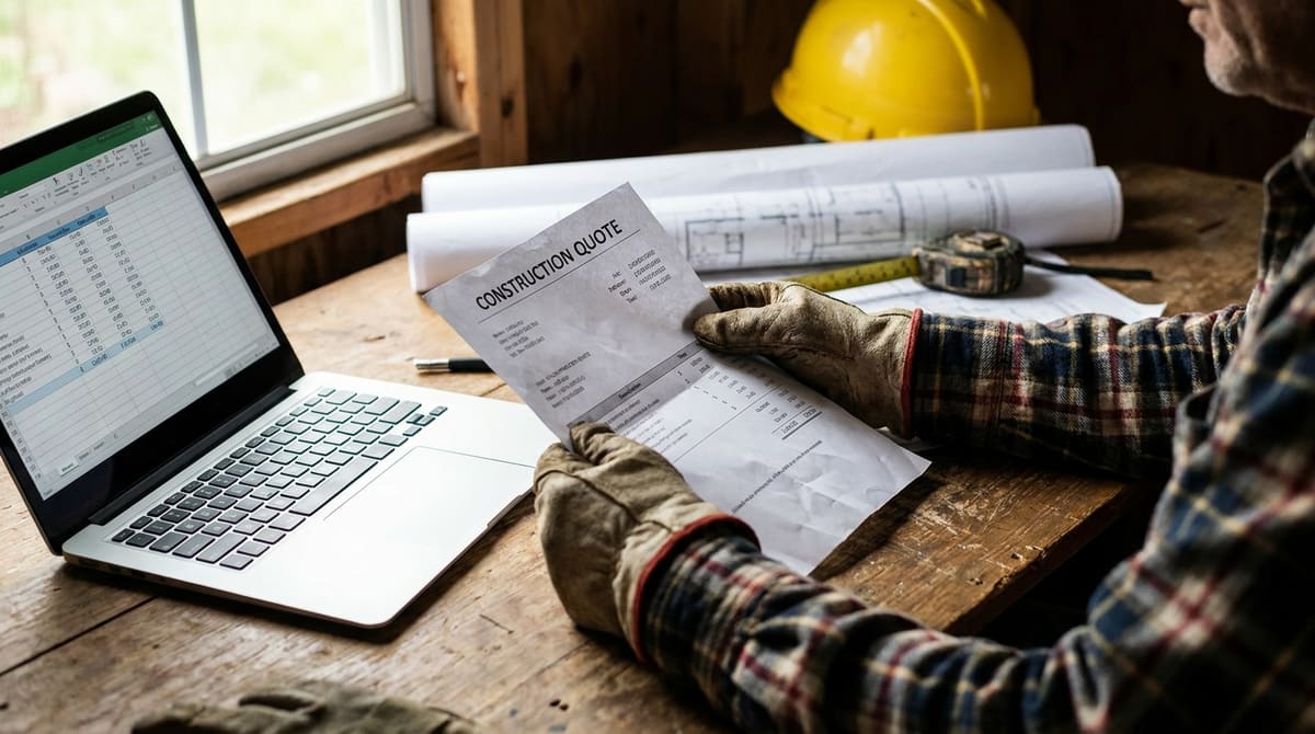 A quote and workbook being reviewed in a site shed (illustrative image)